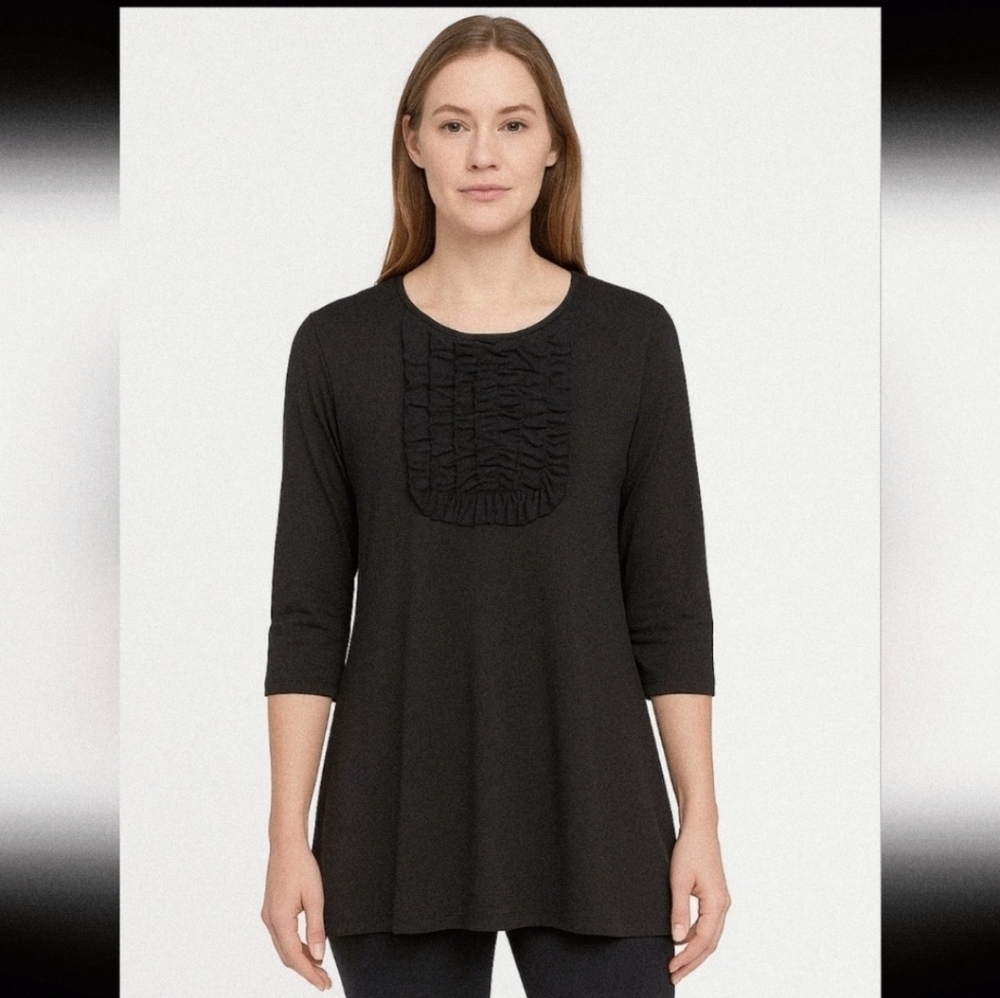 EUC EILEEN FISHER BLACK RUFFLE BIB FRONT 3/4 SLEEVE TOP SIZE L